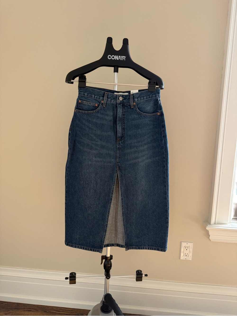 New Aritzia Dark Blue Denim Midi Skirt with Front Slit
